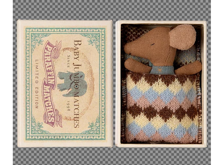 Slaperige-Wakkere-Baby-Muis-in-Matchbox-Blauw